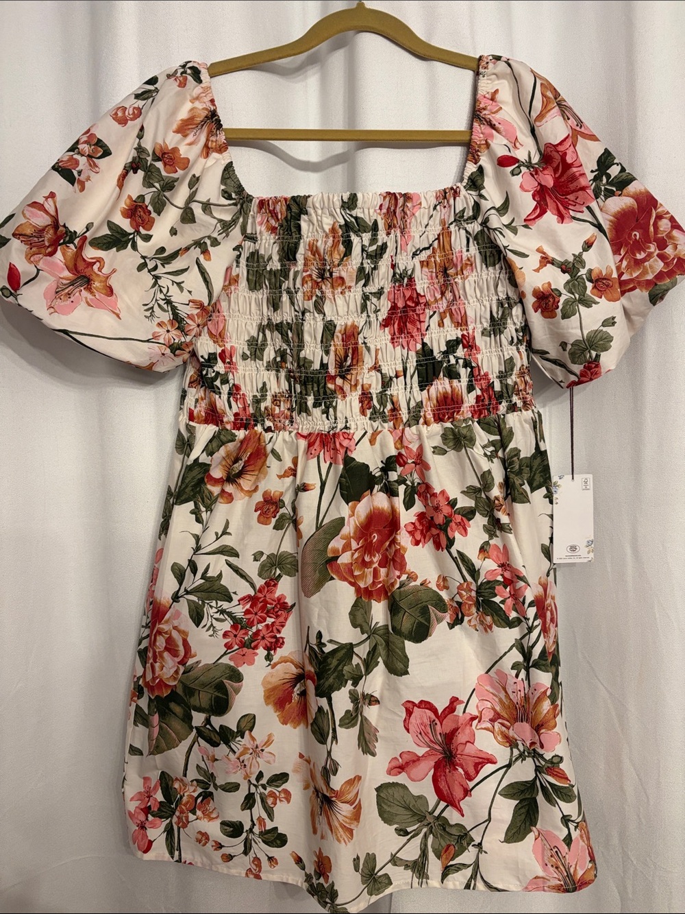 Laura Ashley White Floral Puff-Sleeve Mini Dress with Pink & Green Blooms